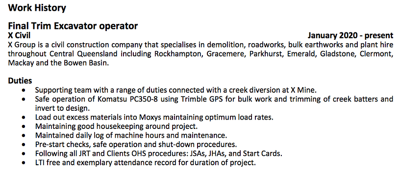 Beginning of work history section on a plant operator resume