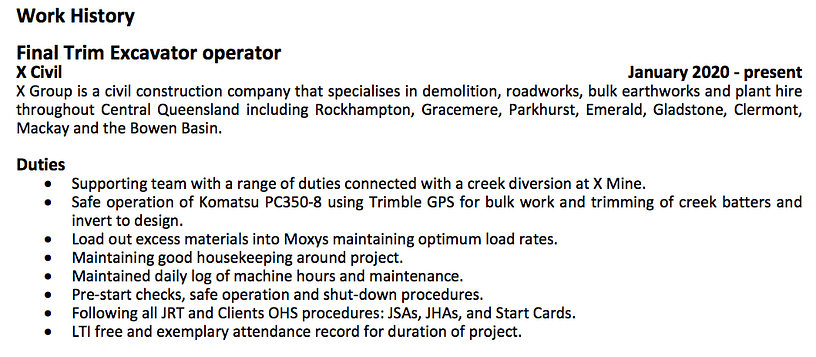 Beginning of work history section on a plant operator resume Beginning of work history section on a plant operator resume